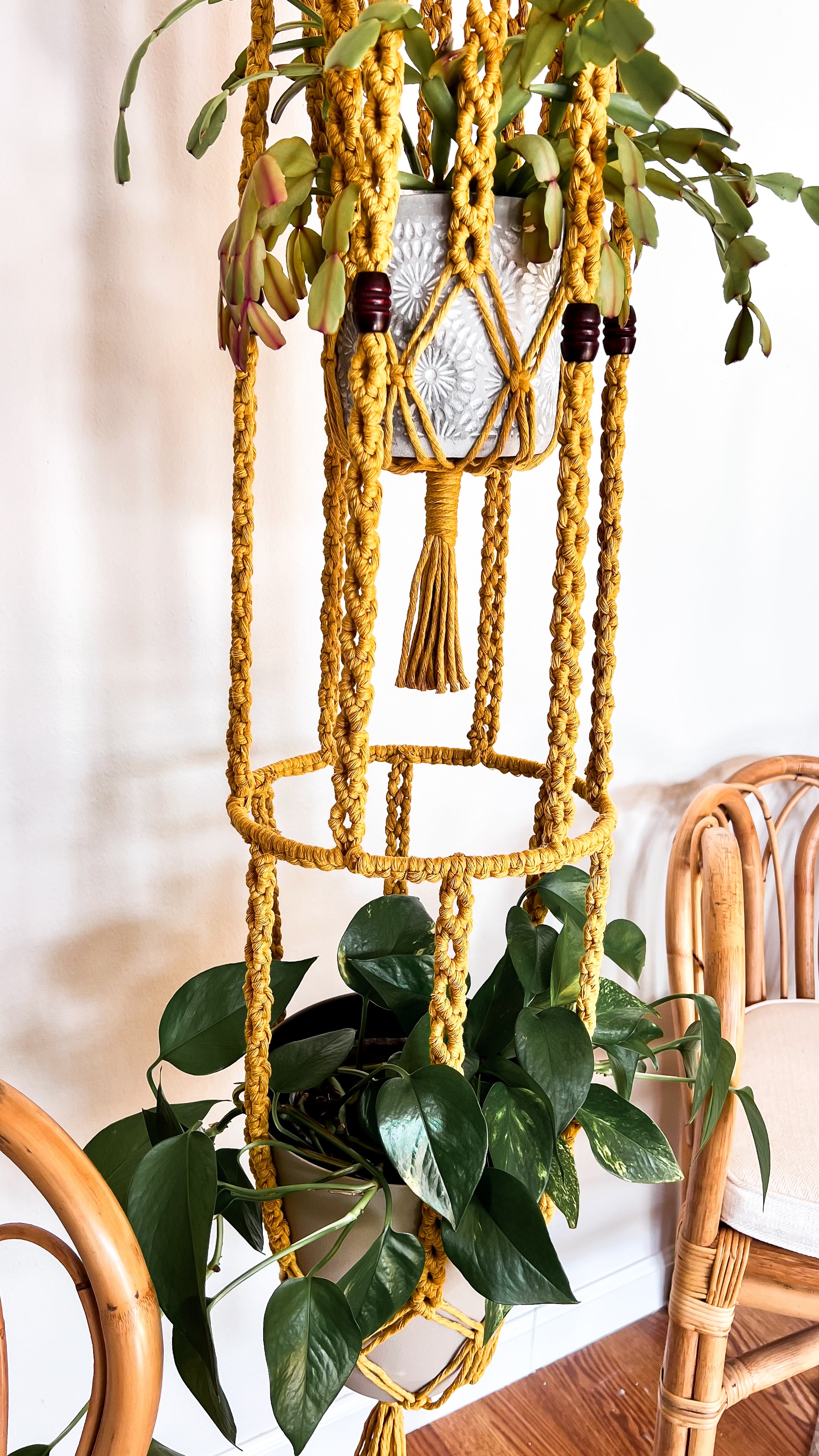 beaded macrame plant hanger 3-Tier Macramé Plant Hanger – Kay and Rose Designs
