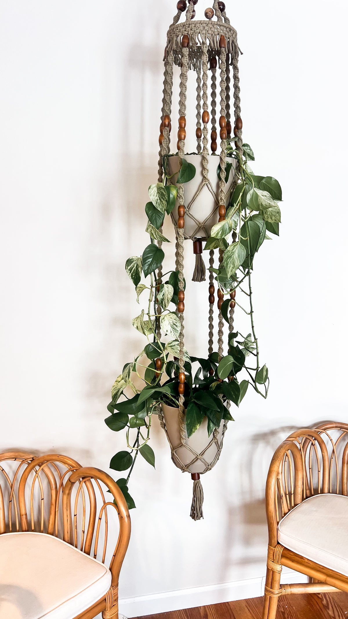 two tone macrame plant hanger 2-Tier Macramé Plant Hanger – Kay and Rose Designs