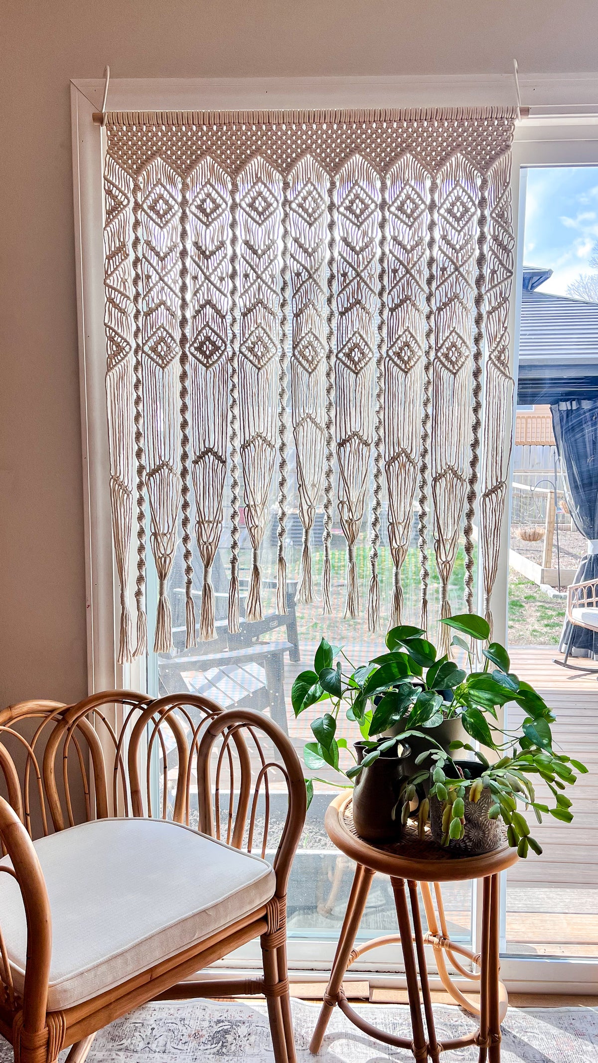 macrame window plant hanger 7-Plant Curtain Macramé Plant Hanger – Kay and Rose Designs